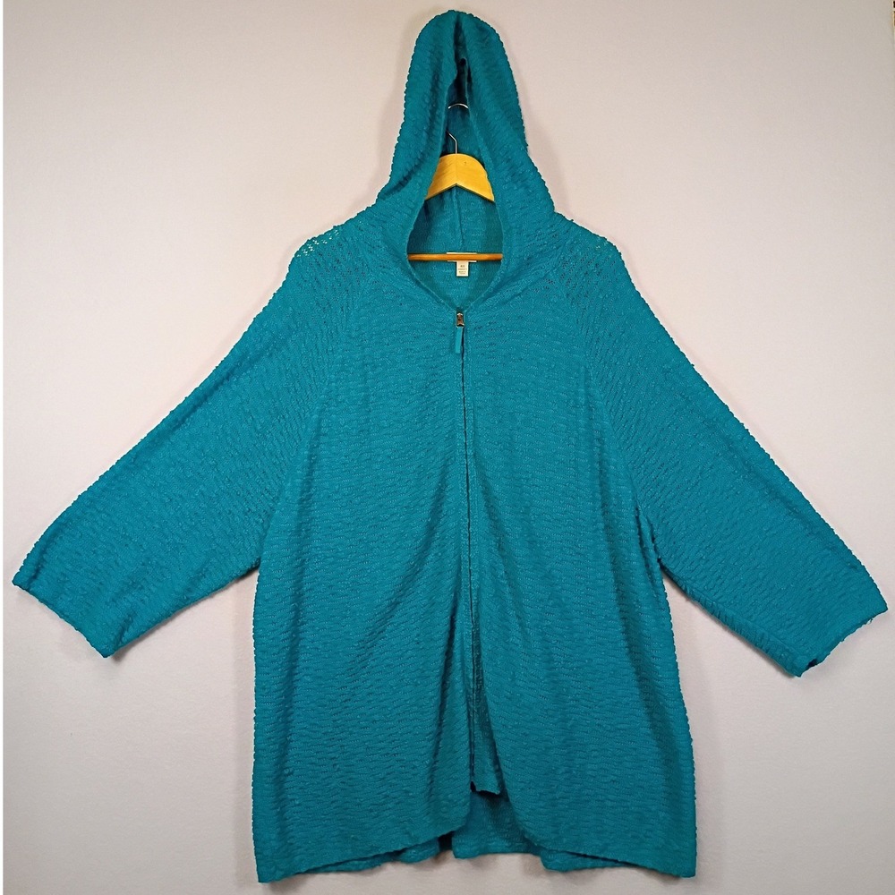 Coastal Boho J. Jill Womens 4X Teal Blue Cotton Linen Textured Zip Knit Hoodie